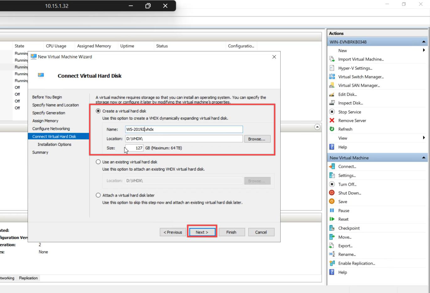 Configure Networking step with the same external vSwitch chosen as the original VM