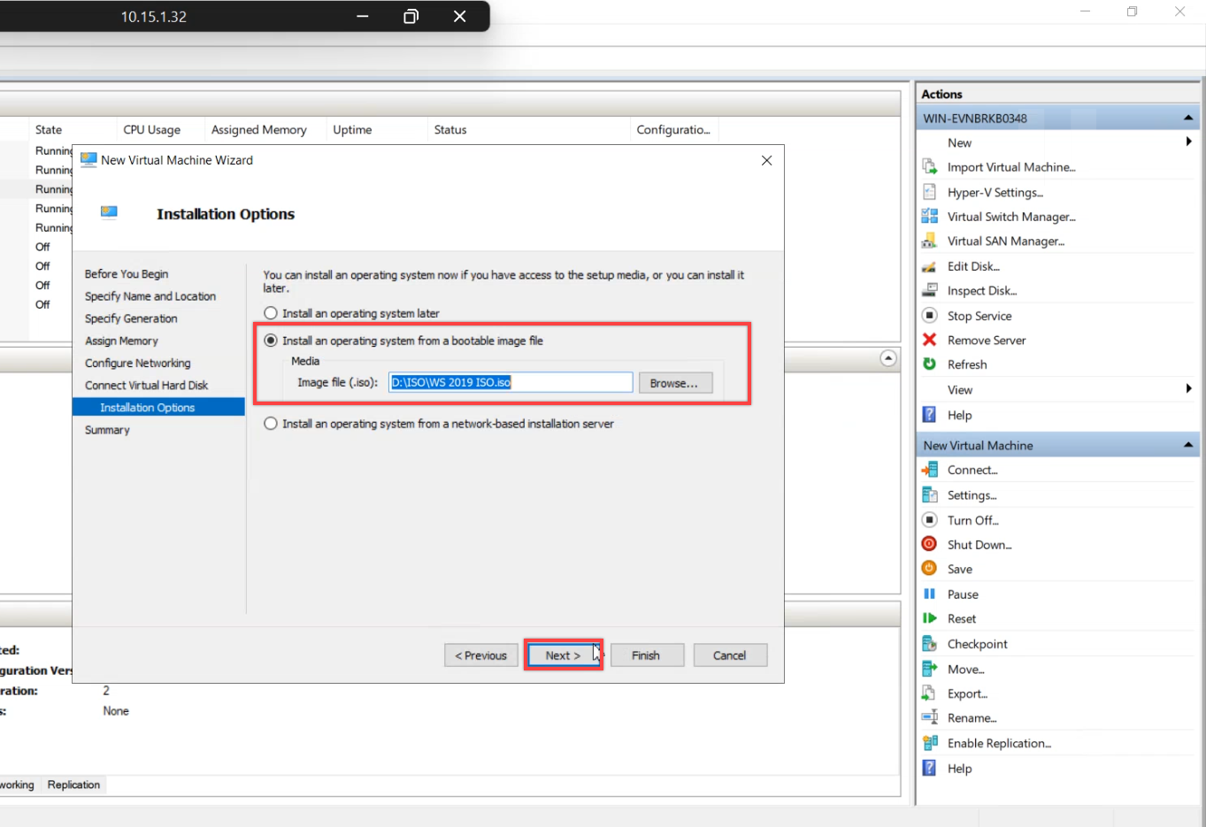 Connect Virtual Hard Disk step showing a new fresh OS VHDX created for the restore target