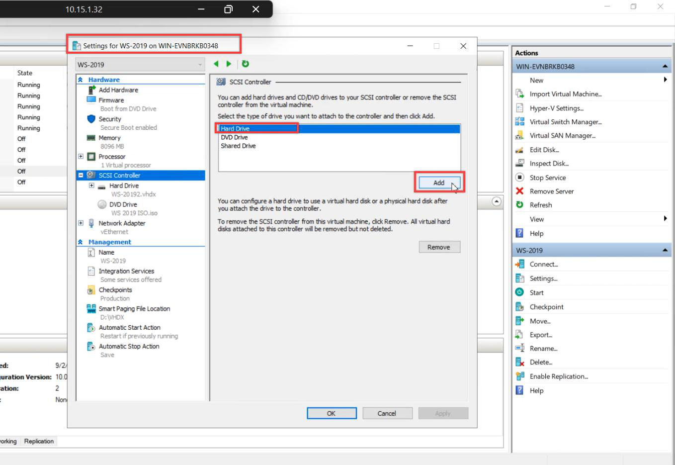 VM Settings dialog SCSI Controller selected with Hard Drive Add option to attach backup disk
