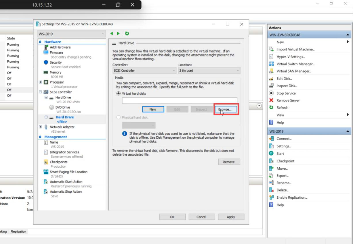 Browse virtual hard disk dialog with file picker for the backup VHDX