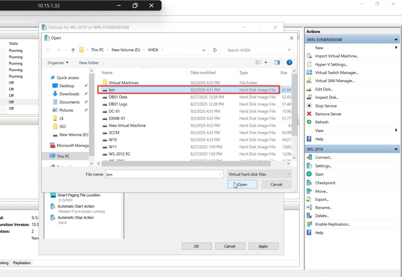File picker showing the backup VHDX selected from the host file system