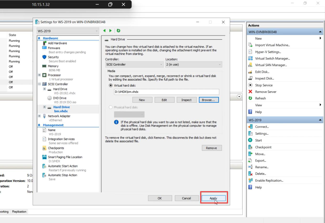VM Settings dialog with the backup disk attached and Apply button visible
