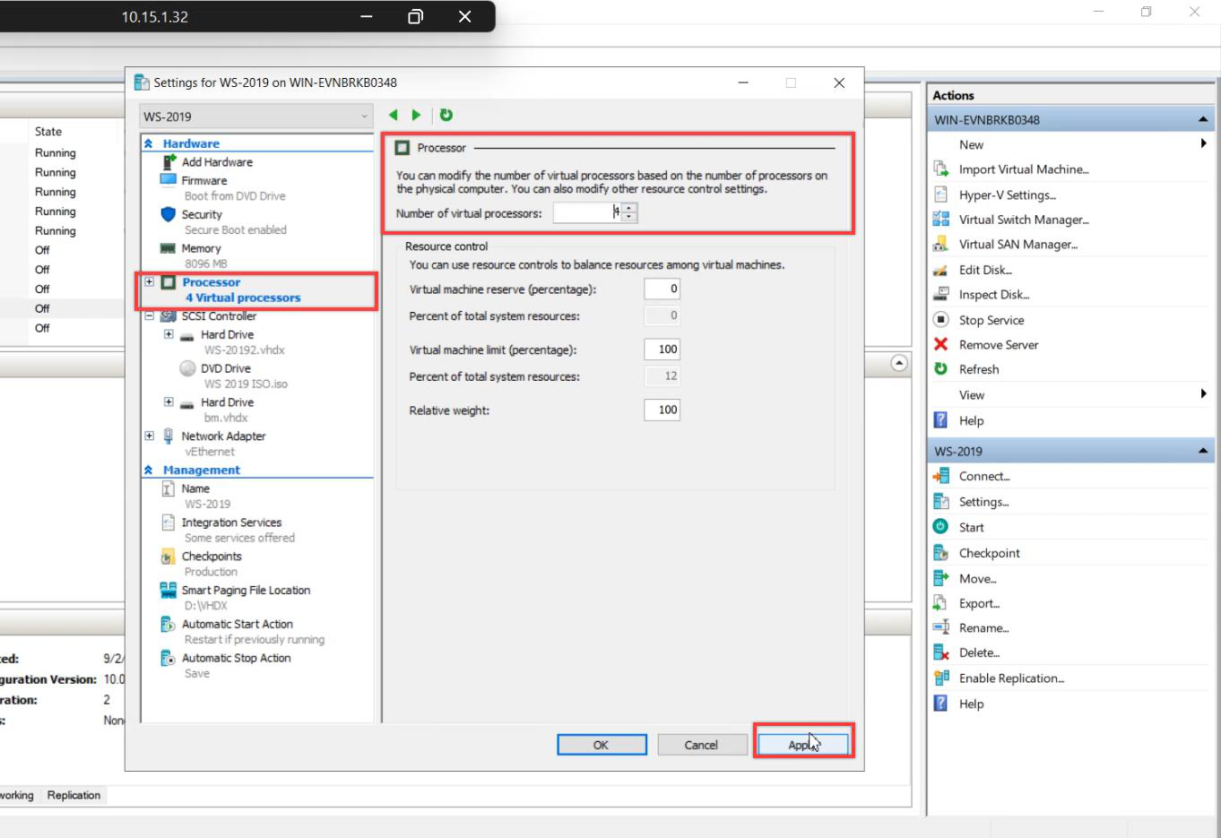 VM Settings dialog Processor pane showing CPU core count being set to match the original VM