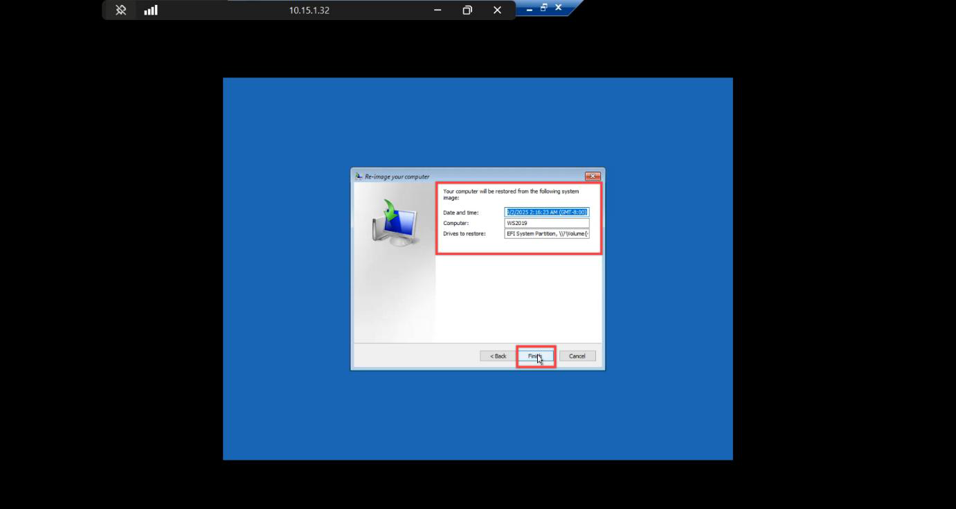 Re image your computer additional options step showing default selections with Next button