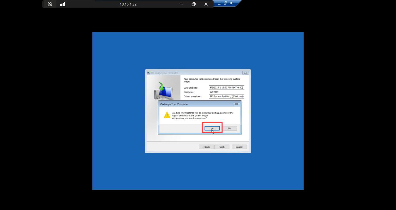 Re image your computer final confirmation summary showing the system image to be restored with Finish button