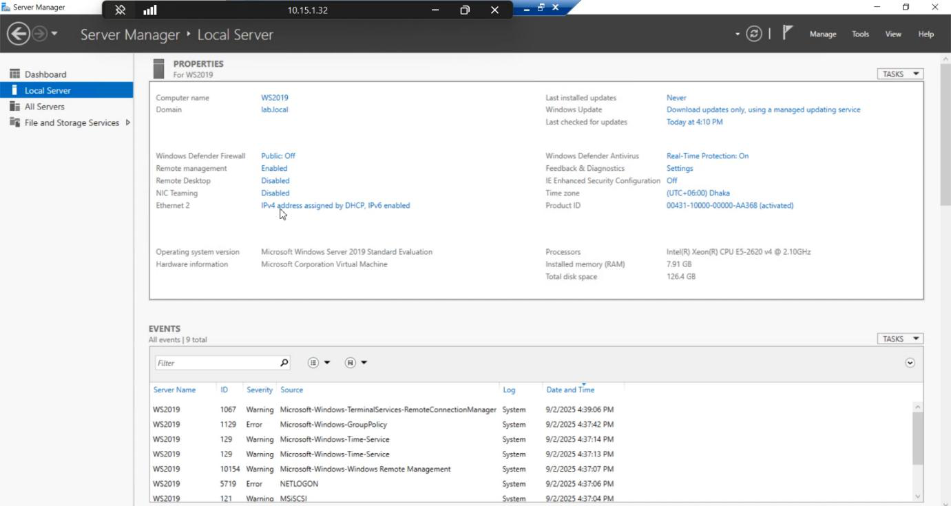 Active Directory Users and Computers console after restore confirming all objects intact and Network IP needs to be reassigned