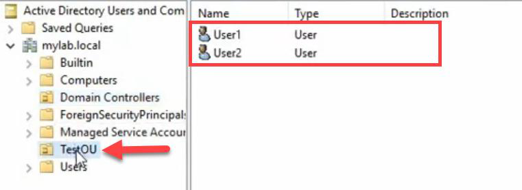 Active Directory Users and Computers showing the TestOU organizational unit containing User1 and User2 accounts