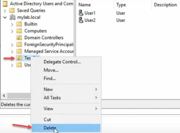 Active Directory Users and Computers right click context menu on TestOU with Delete option highlighted
