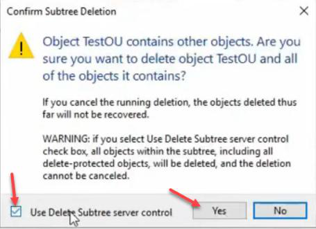 Subtree delete confirmation dialog with Yes delete subtree option selected and Yes button