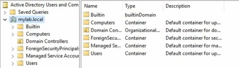 Active Directory Users and Computers after deletion confirming TestOU is no longer present on DC01