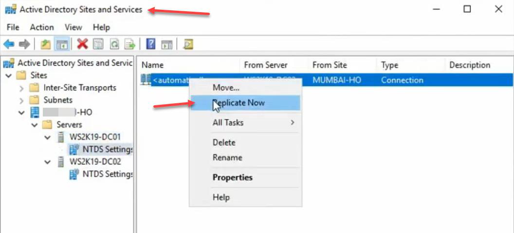 Active Directory Sites and Services console with DC01 NTDS Settings expanded showing the replication connection to DC02