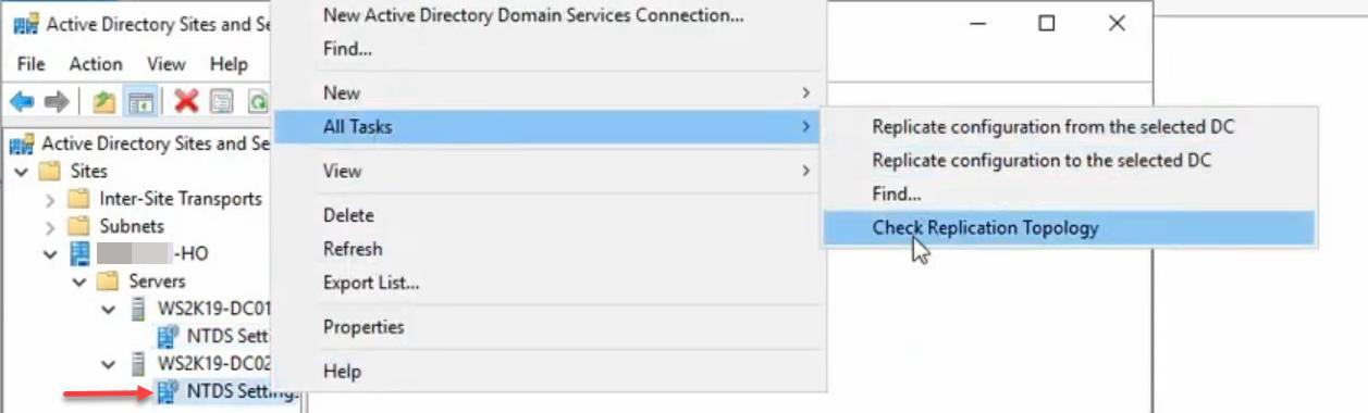 Active Directory Sites and Services on DC02 with NTDS Settings expanded showing replicate now context option