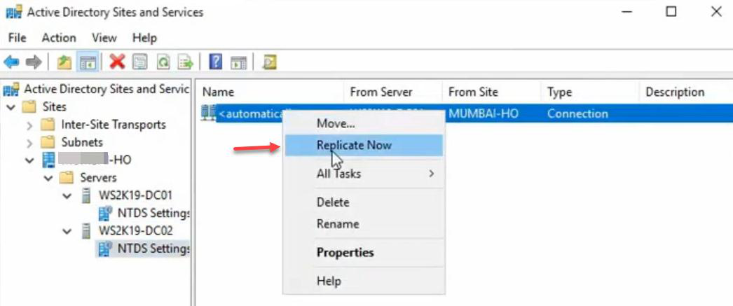 Active Directory Sites and Services replicate now success message after forcing replication from DC02