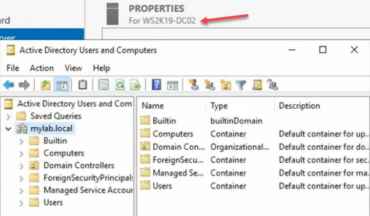 Active Directory Users and Computers on DC02 after refresh confirming TestOU has been deleted by replication
