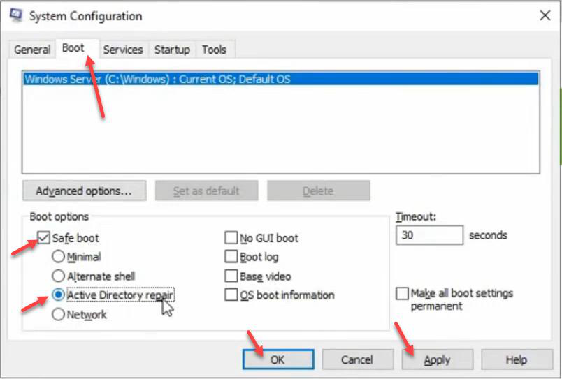 System Configuration utility with the Boot tab selected and Safe boot Active Directory repair option checked
