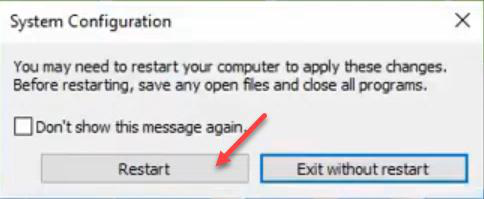System Configuration prompt asking to restart now to apply boot mode changes