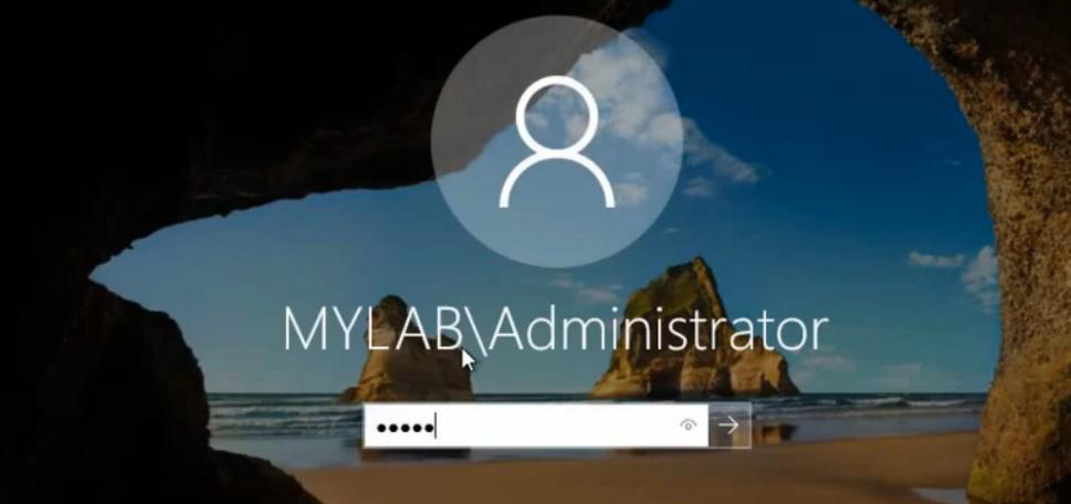 Windows login screen after DSRM boot with default domain admin account showing requiring credentials