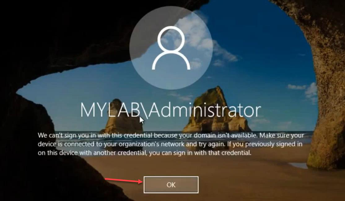 Login failure dialog showing we cant sign you in with this credential because your domain isnt available