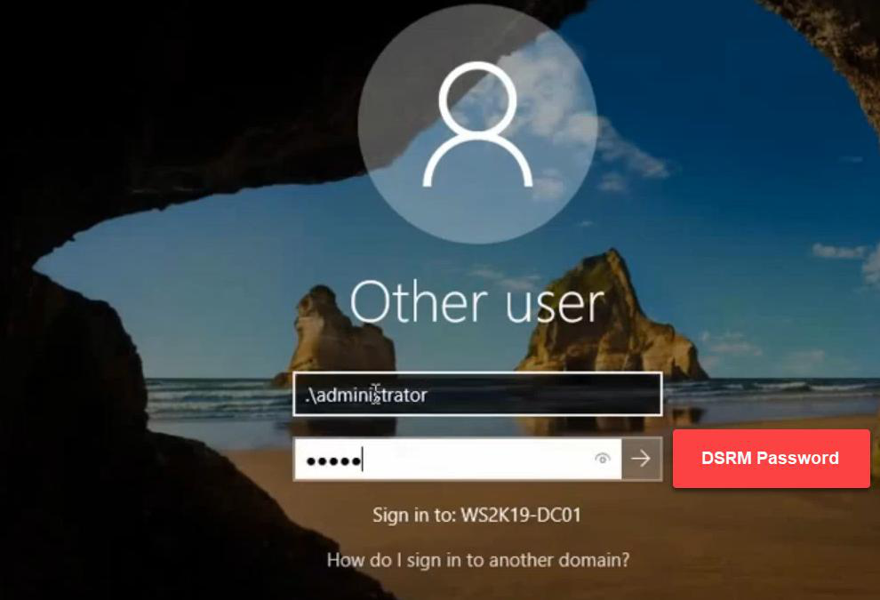 Login screen with Other user option selected to log in with local DSRM administrator account