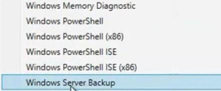 Server Manager Tools menu showing Windows Server Backup option after successful DSRM login