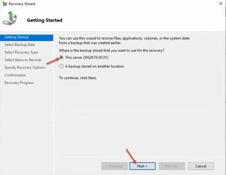 Recovery Wizard Getting Started page with This server option selected for where the backup is stored