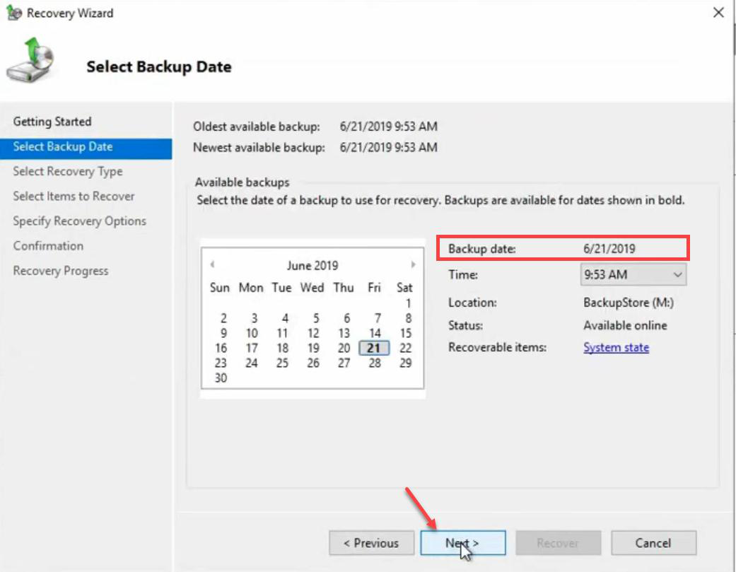 Recovery Wizard Select Backup Date page with the available system state backup version selected