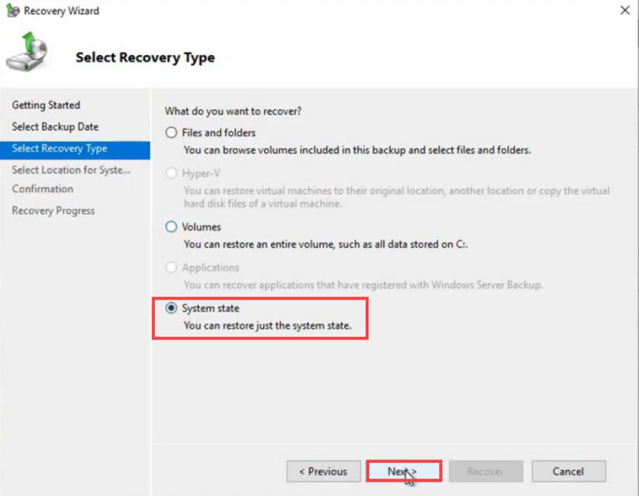 Recovery Wizard Select Recovery Type page with System state option selected