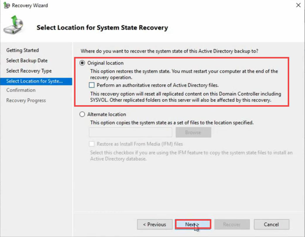 Recovery Wizard Select Location for System State Recovery page with Original location selected and Perform authoritative restore checkbox visible
