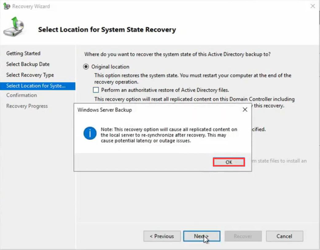 Warning dialog explaining replicated content will resync after recovery with OK button