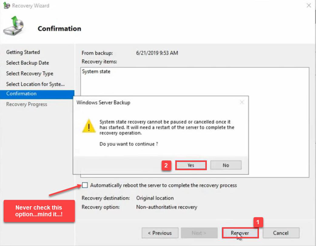 Recovery Wizard Confirmation page showing summary with Recover button to start