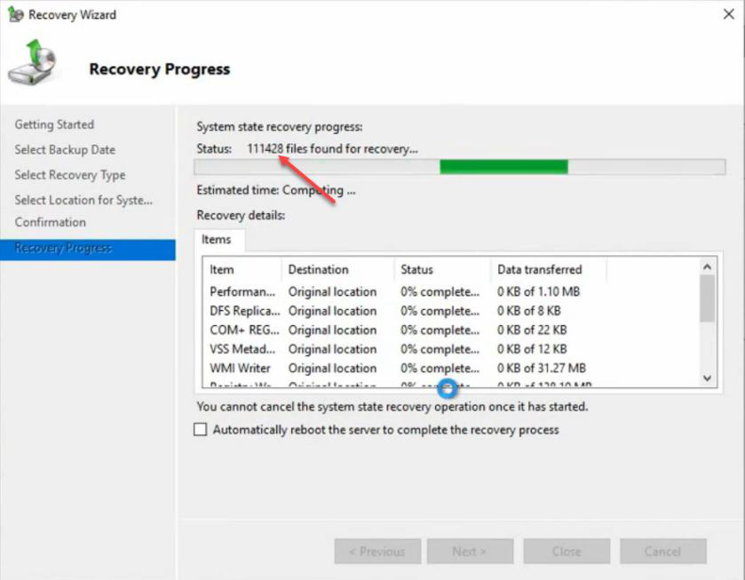 Recovery progress page showing system state restore completed successfully with Close button