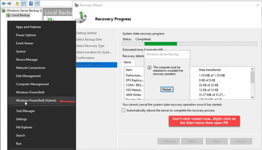 Right click Start menu showing Windows PowerShell Admin option to open elevated PowerShell session