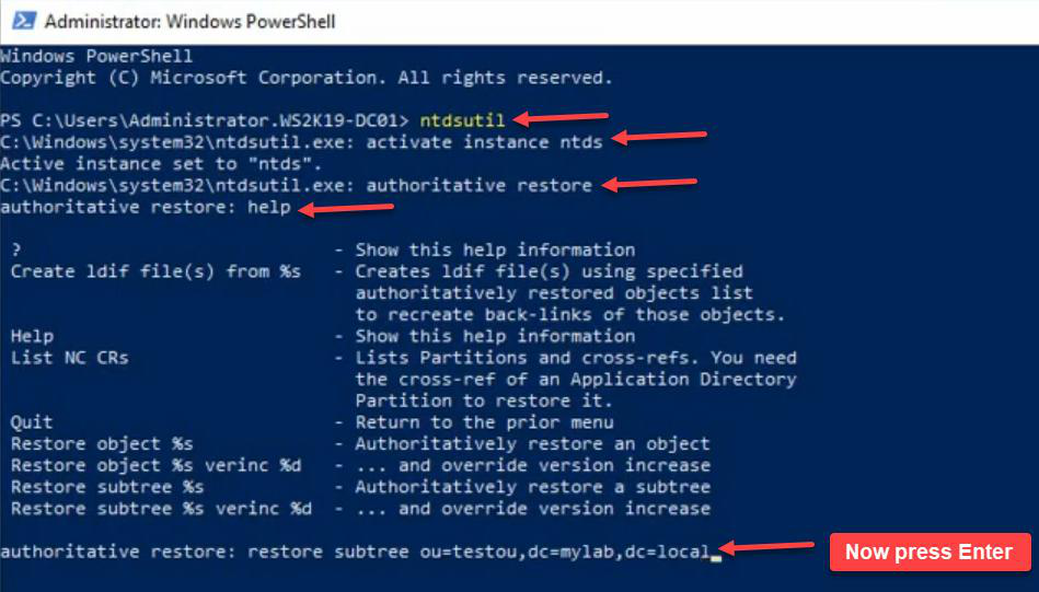 PowerShell window with ntdsutil command running and authoritative restore subtree command being typed with the distinguished name