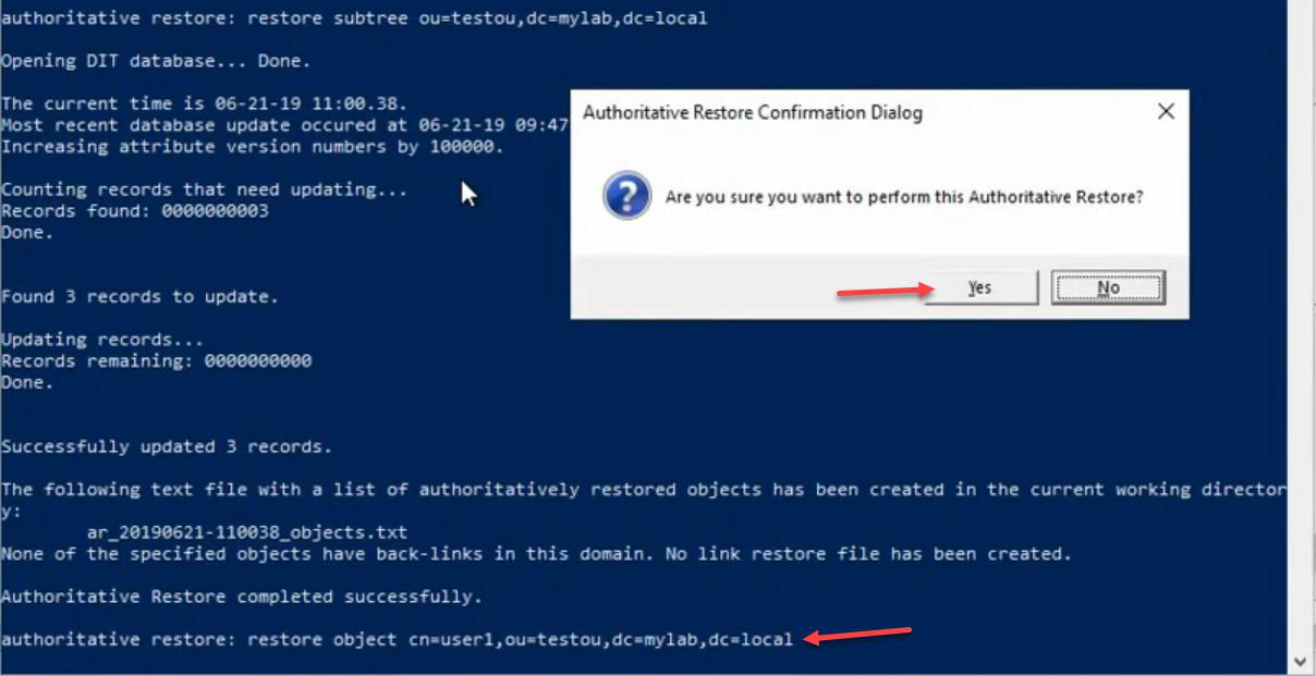 PowerShell showing restore object command for a single user with distinguished name CN equals User1 OU equals TestOU
