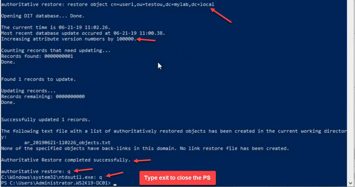 PowerShell with exit commands typed to leave ntdsutil and PowerShell after authoritative restore complete