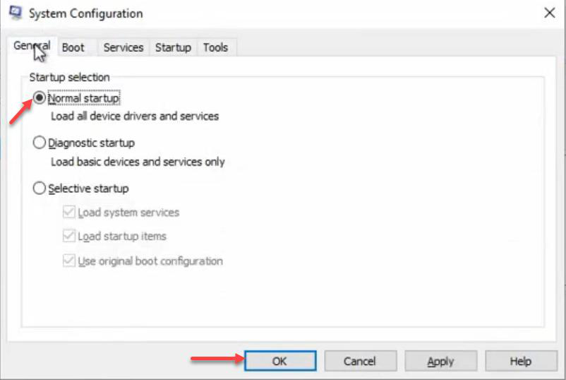 System Configuration utility with Normal startup radio button selected to leave DSRM mode