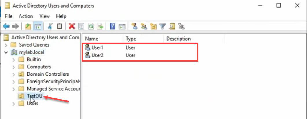 Active Directory Users and Computers after authoritative restore showing TestOU restored on DC01 with User1 and User2 visible