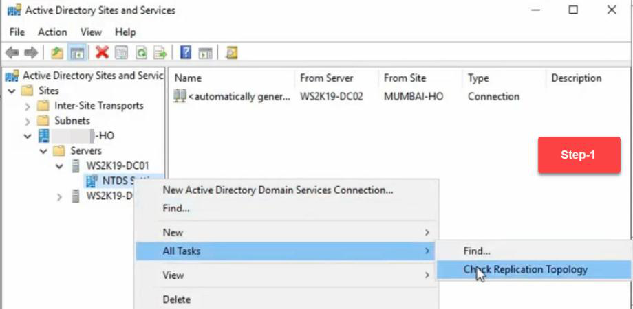 Active Directory Sites and Services right click on NTDS Settings with Check Replication Topology option highlighted on DC01