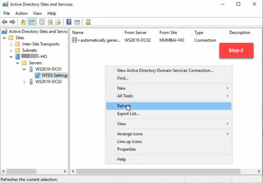 Check Replication Topology success dialog after running on DC01 confirming topology refreshed