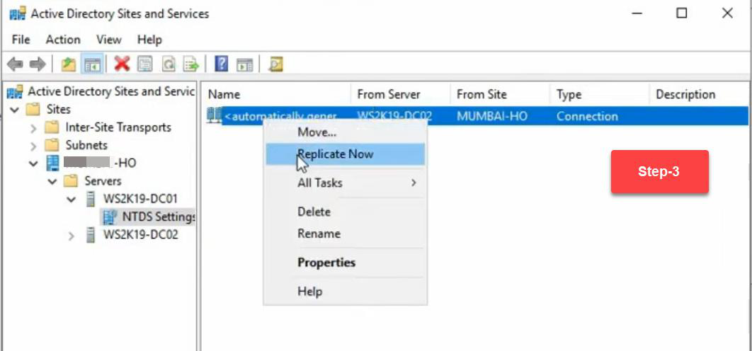Active Directory Sites and Services replicate now context option selected to force outbound replication of restored objects from DC01