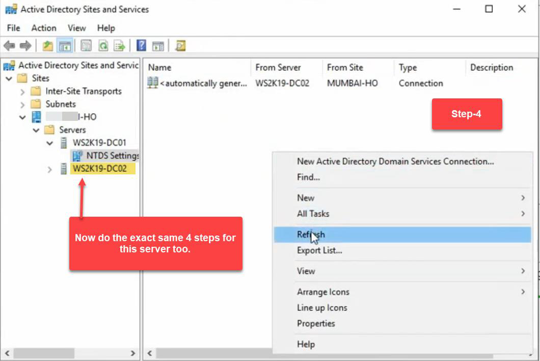 Active Directory Sites and Services on DC02 after replication completed showing the restored objects