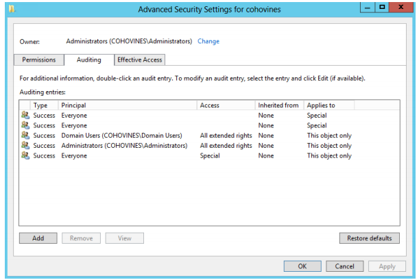 Advanced Security Settings window showing auditing entries for an Active Directory object with principal and access details
