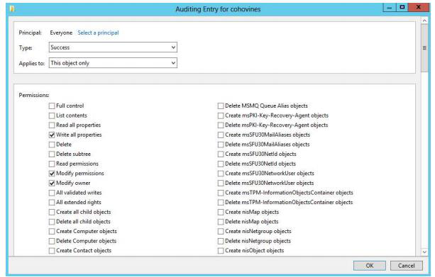 Auditing entry dialog box for an Active Directory object showing principal type permissions and properties tabs
