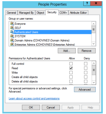 Permission entry dialog showing general permissions like Full Control Read Write and the Advanced button for property level access