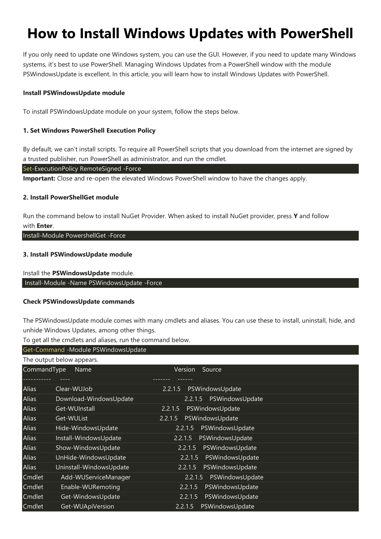 Article opening titled 'How to Install Windows Updates with PowerShell' showing the three setup steps (Set-ExecutionPolicy RemoteSigned -Force, Install-Module PowerShellGet -Force, Install-Module -Name PSWindowsUpdate -Force) followed by a Get-Command -Module PSWindowsUpdate output table listing the alias and cmdlet members of the module: Clear-WUJob, Download-WindowsUpdate, Get-WUInstall, Get-WUList, Hide-WindowsUpdate, Install-WindowsUpdate, Show-WindowsUpdate, UnHide-WindowsUpdate, Uninstall-WindowsUpdate, Add-WUServiceManager, Enable-WURemoting, Get-WindowsUpdate, Get-WUApiVersion all at version 2.2.1.5