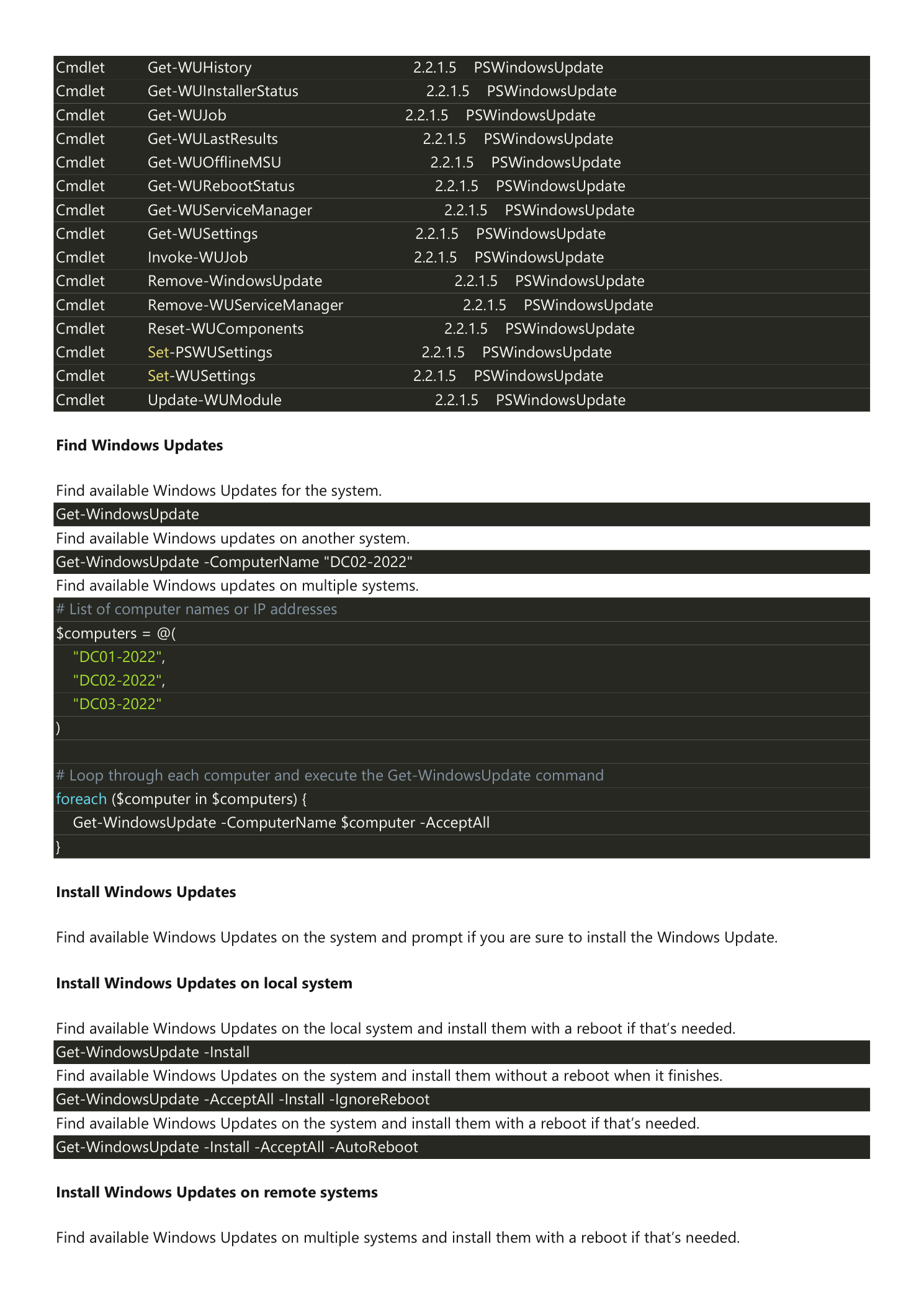 Bottom of the cmdlet list showing Get-WUHistory, Get-WUInstallerStatus, Get-WUJob, Get-WULastResults, Get-WUOfflineMSU, Get-WURebootStatus, Get-WUServiceManager, Get-WUSettings, Invoke-WUJob, Remove-WindowsUpdate, Remove-WUServiceManager, Reset-WUComponents, Set-PSWUSettings, Set-WUSettings, Update-WUModule (all at version 2.2.1.5), followed by the 'Find Windows Updates' section showing the Get-WindowsUpdate cmdlet with -ComputerName parameter, a  = @() array of three DC names, and a foreach loop calling Get-WindowsUpdate -ComputerName  -AcceptAll