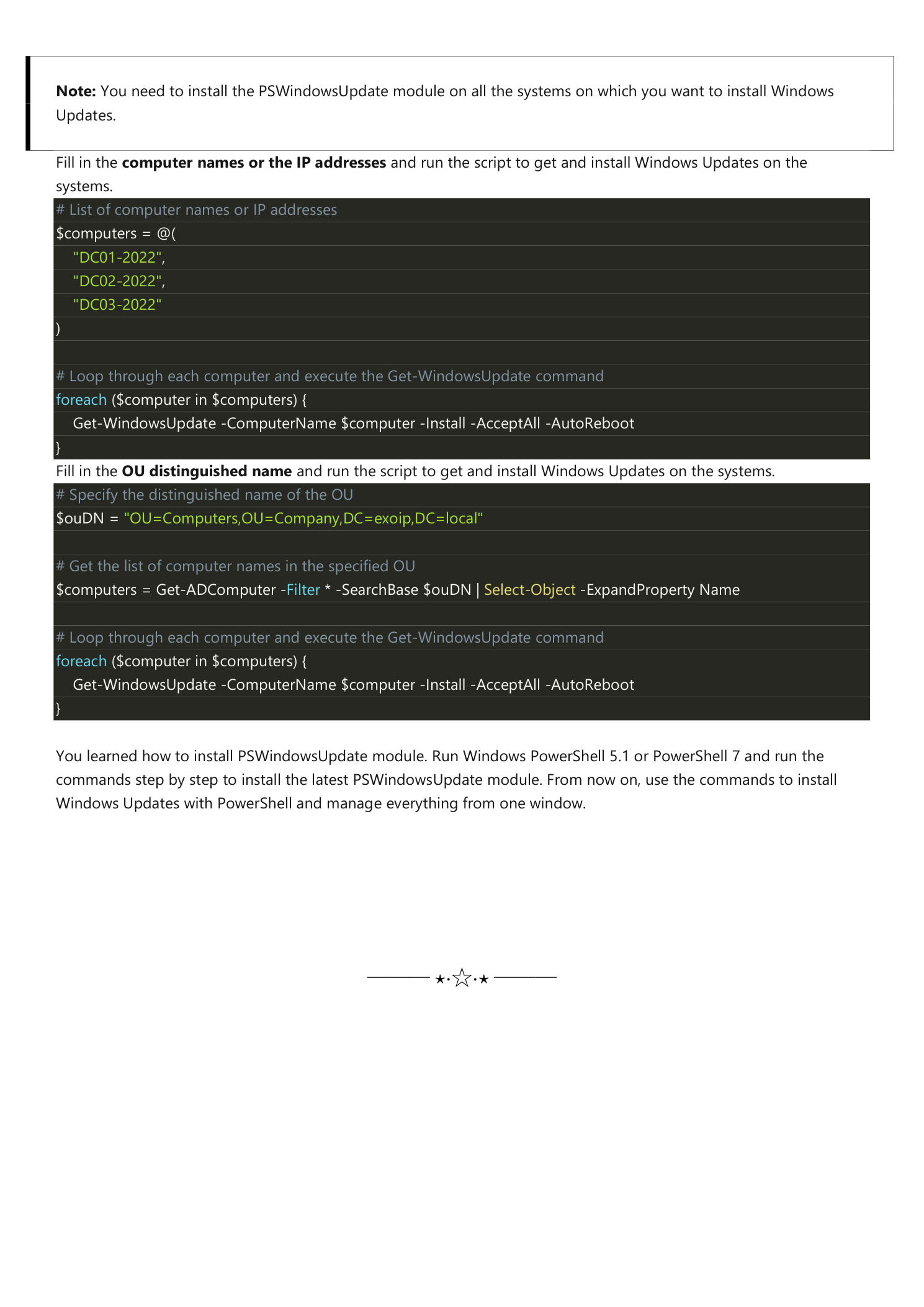The Install Windows Updates on remote systems section showing two PowerShell snippets: a foreach loop iterating an explicit  array of DC names calling Get-WindowsUpdate -ComputerName  -Install -AcceptAll -AutoReboot, and a longer snippet that pulls the computer list dynamically from an OU (Get-ADComputer -Filter * -SearchBase  | Select-Object -ExpandProperty Name) before running the same Get-WindowsUpdate -Install -AcceptAll -AutoReboot loop