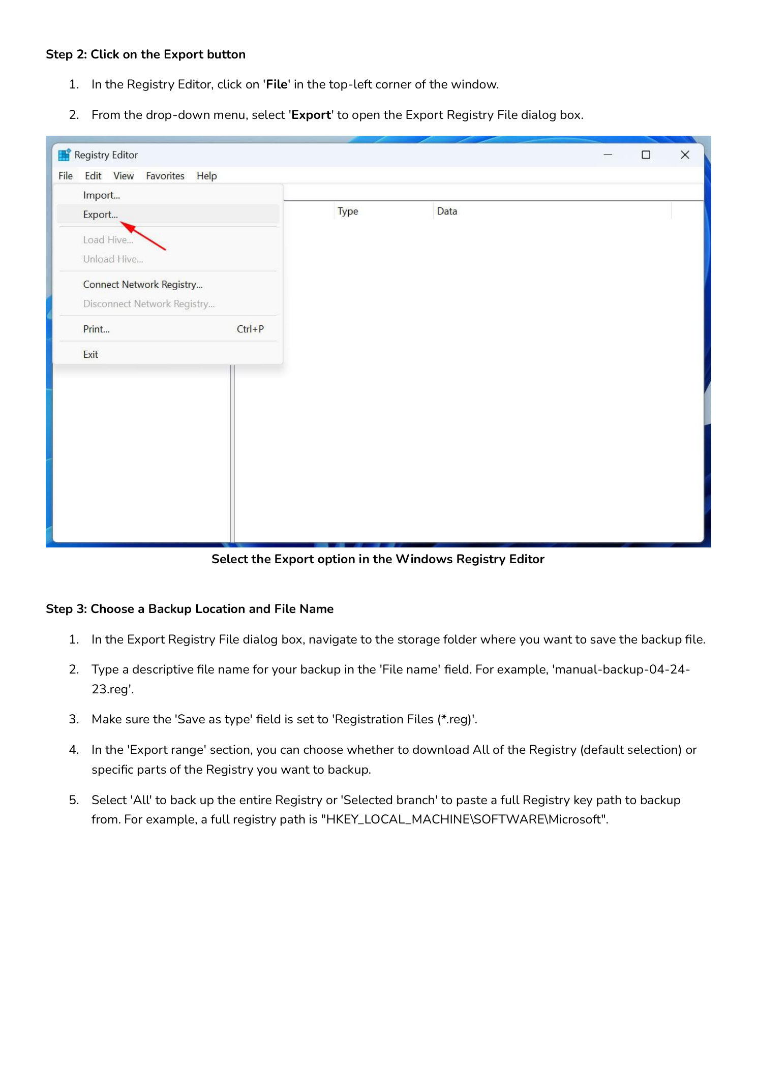 Registry Editor window with the File menu open showing the Import, Export, Load Hive, Unload Hive, Connect Network Registry, Disconnect Network Registry, Print, and Exit options, with Export highlighted by a red arrow as the entry point for backing up the registry to a .reg file