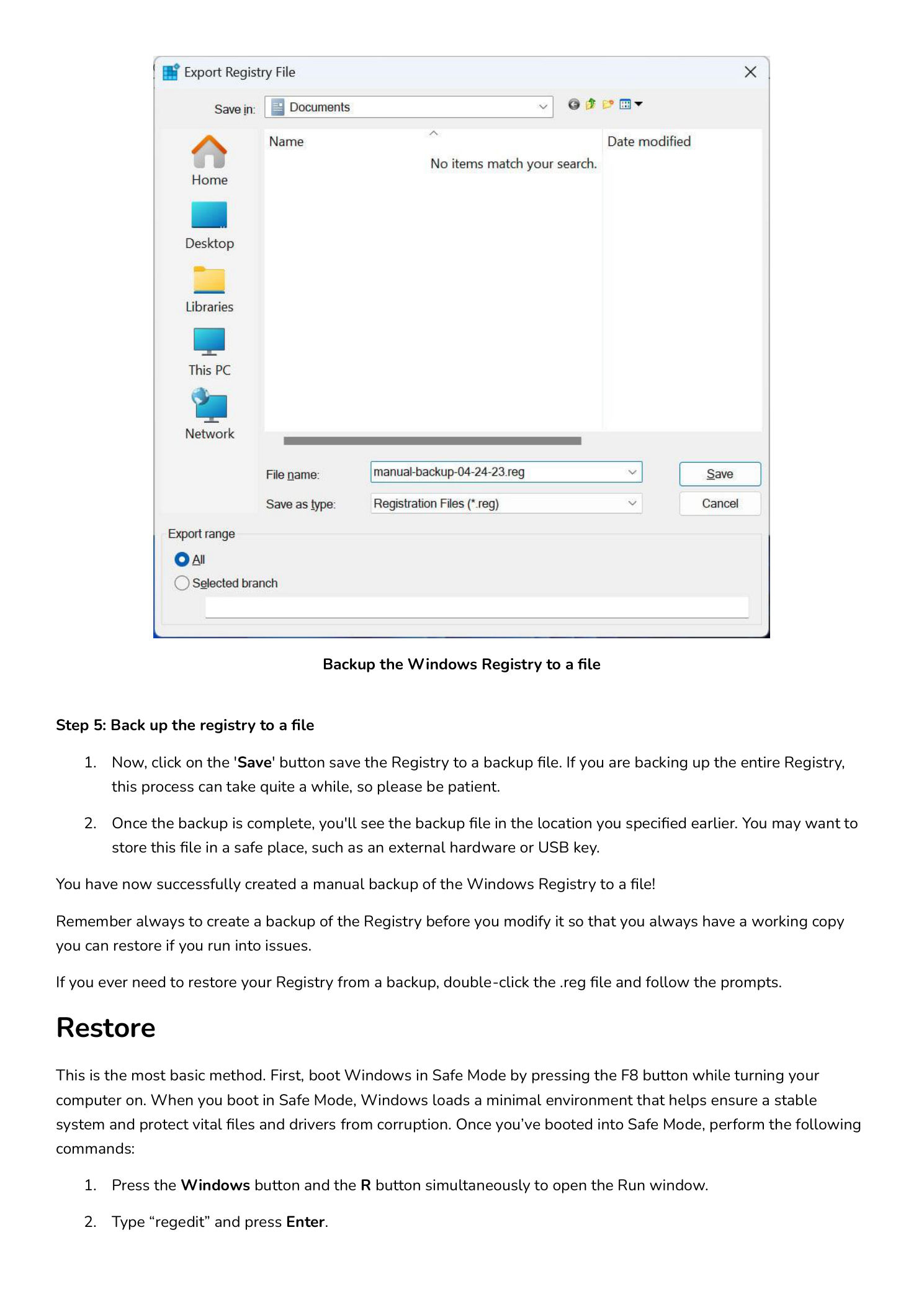 Export Registry File dialog from Registry Editor showing the Save in dropdown set to Documents, an empty file list area, the File name field with manual-backup-04-24-23.reg typed in, the Save as type dropdown set to Registration Files (*.reg), and at the bottom of the dialog the Export range section with the All radio button selected (versus Selected branch)
