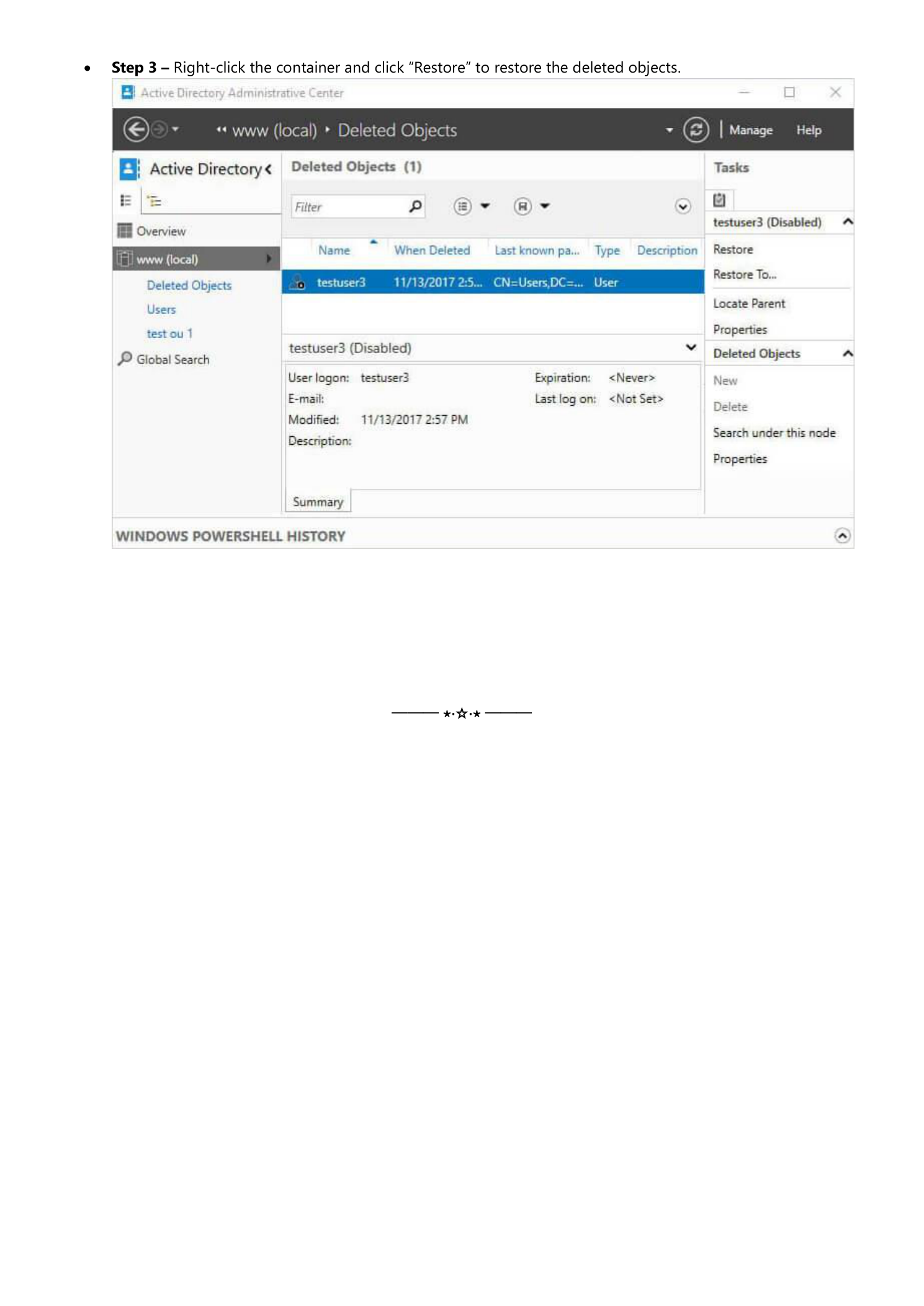 Active Directory Administrative Center showing the Deleted Objects container with testuser3 (Disabled) selected  -  the Tasks panel shows Restore, Restore To, Locate Parent, Properties, and Deleted Objects options, and the detail pane shows the object's attributes including user logon, modification date, and expiration
